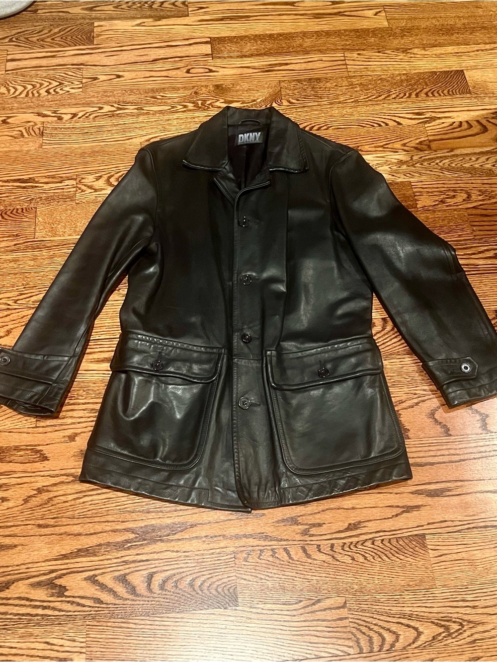 DKNY Black Leather Trench Coat with Button Front